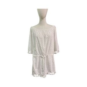 White Cotton Tassel Cover-Up Dress Boho Peasant Style 100% Cotton